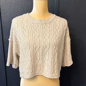 Cable Knit Short Sleeve Crop Sweater - Cream